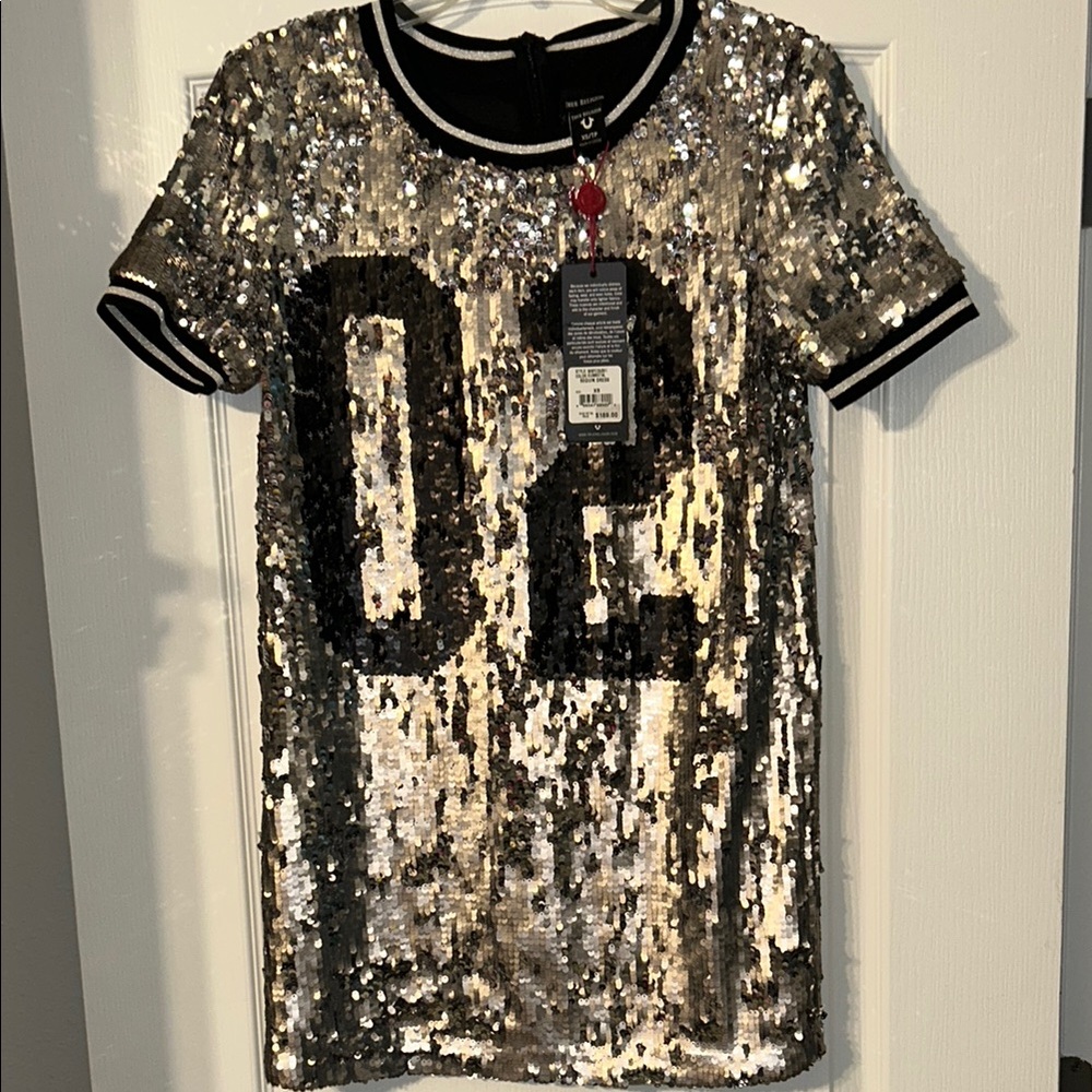True Religion Silver Sequin Dress with Black Detail - Picture 5 of 11